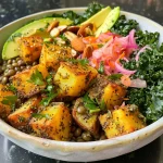 Close-up of a Crispy Lentil and Potato Bowl featuring vibrant ingredients.