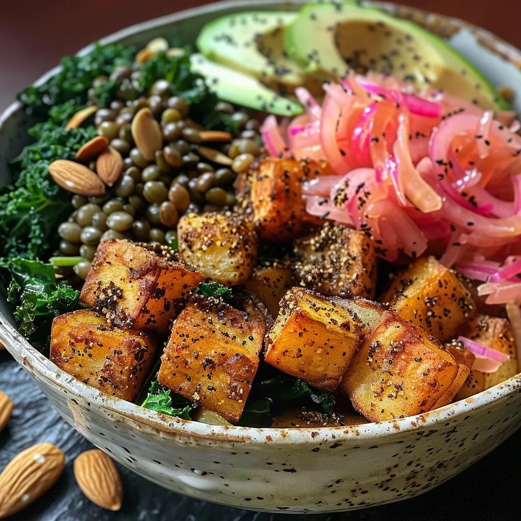 Side view of a colorful bowl filled with crispy lentils, potatoes, and greens.