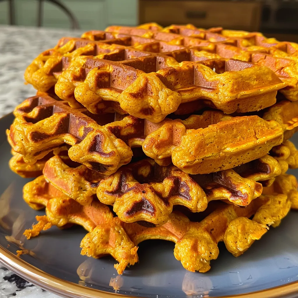 Side view of deliciously crispy sweet potato protein waffles with syrup drizzle.