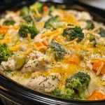 Close-up view of a creamy Crockpot Chicken and Veggie Casserole with melted cheese on top.