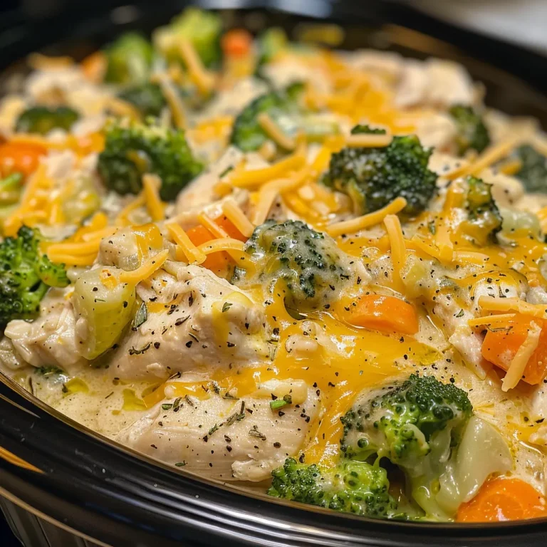 A Savory Journey Discovering the Heartwarming Crockpot Chicken and Veggie Casserole Close-up view of a creamy Crockpot Chicken and Veggie Casserole with melted cheese on top.