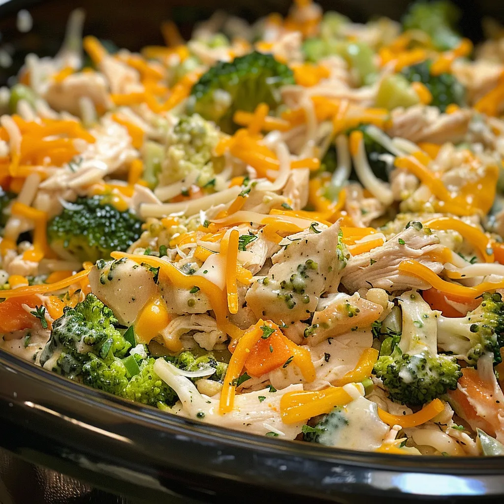 Side view of a delicious chicken and vegetable casserole showcasing tender chicken and colorful veggies.
