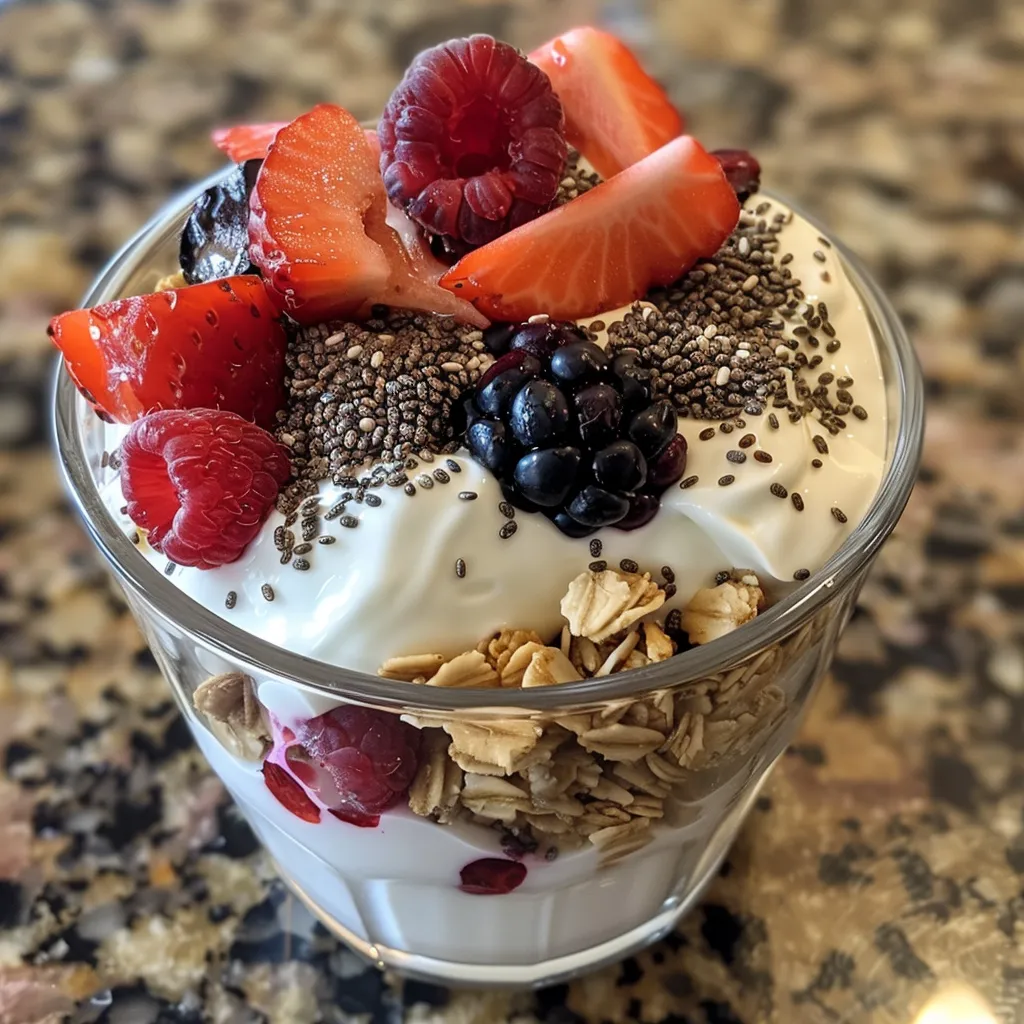 Side view of a yogurt cup filled with Greek yogurt, mixed berries, and granola.