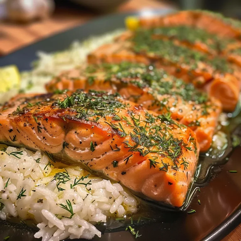 Close-up view of juicy dill butter salmon strips served over lemon rice pilaf.