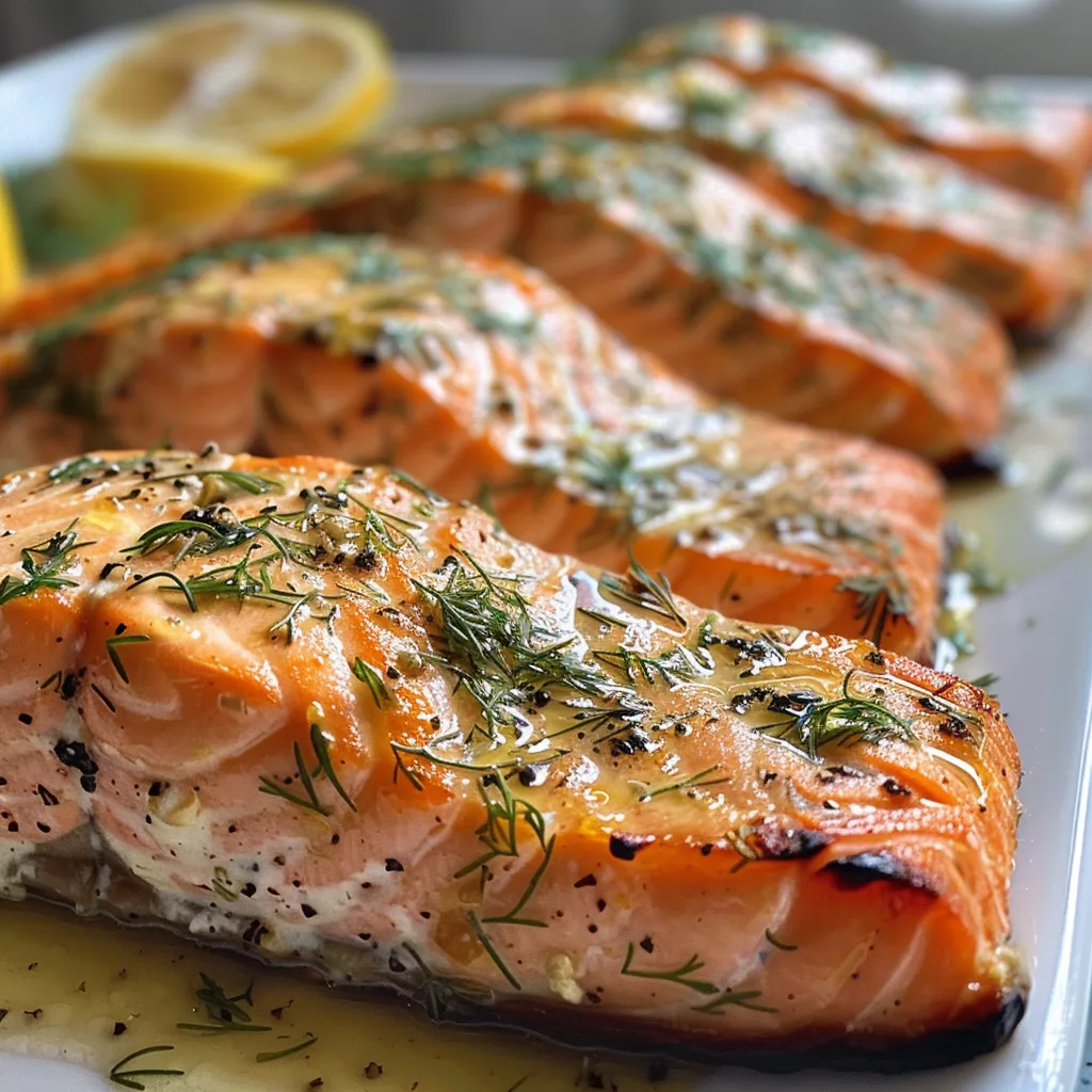 Side view of salmon strips glistening with dill butter on a bed of lemon rice.