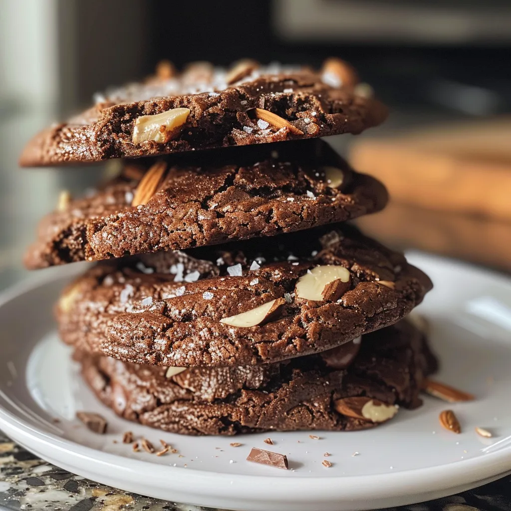 Side view of rich, moist Double Chocolate Almond Cookies, showcasing their chocolatey goodness and nutty texture.