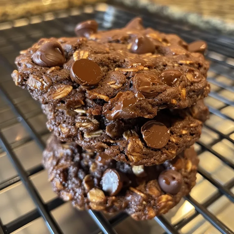 A Sweet Journey Discovering Double Chocolate Oatmeal Cookies That Melt in Your Mouth A side view close-up of a stack of double chocolate oatmeal cookies on a wooden surface.