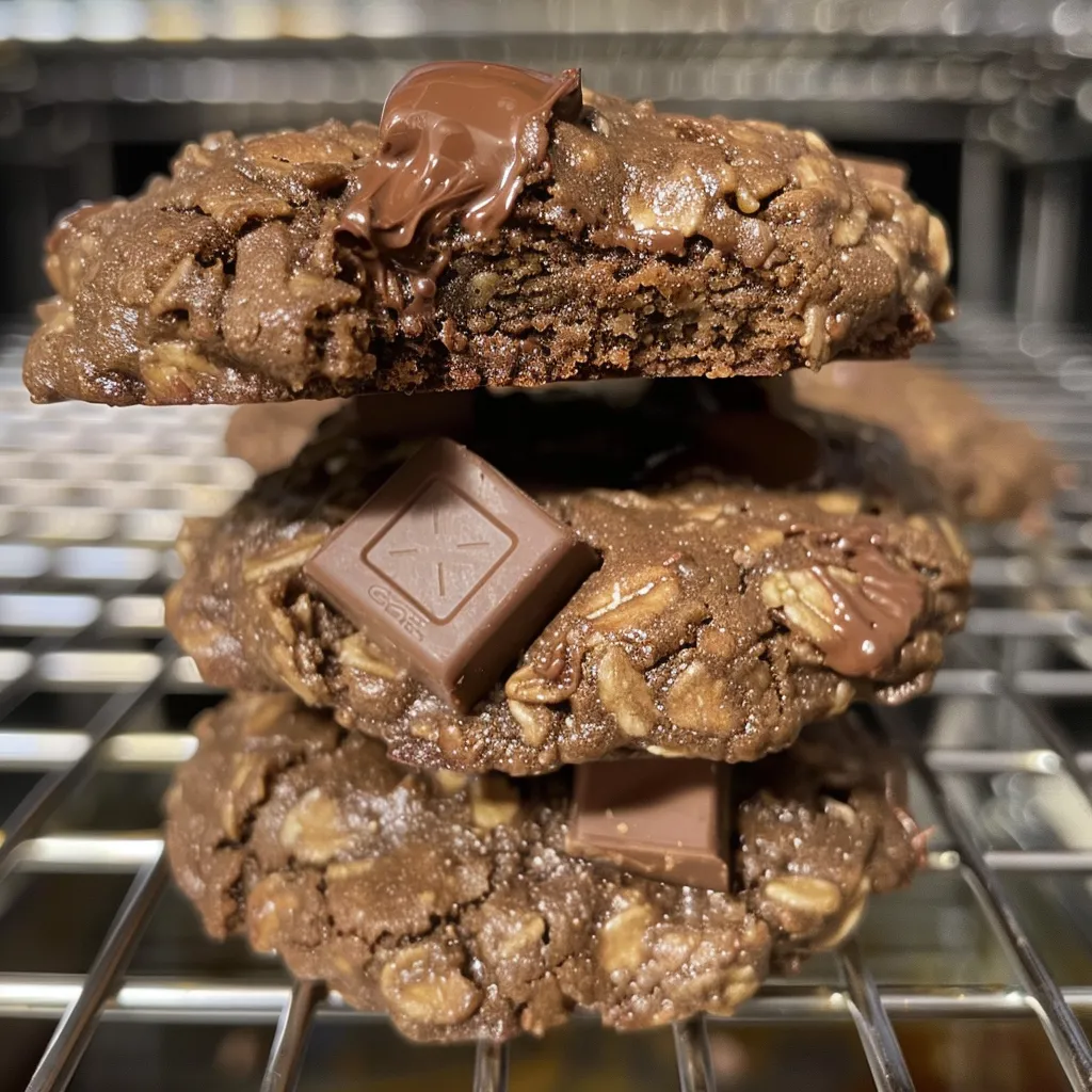 Juicy double chocolate oatmeal cookies arranged neatly, showcasing their rich texture.