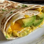 Close-up of a delicious egg and avocado breakfast wrap drizzled with melted cheese.