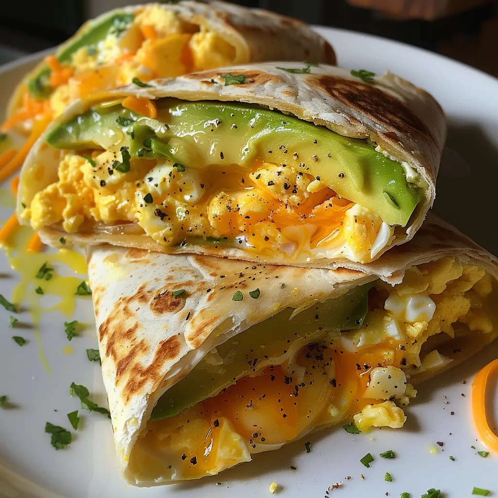 Side view of a breakfast wrap filled with scrambled eggs, avocado slices, and cheddar cheese.