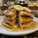 A close-up of fluffy banana pancakes stacked on a plate, with syrup drizzled on top.