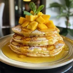 A side view of fluffy mango pancakes topped with diced mango and whipped cream.