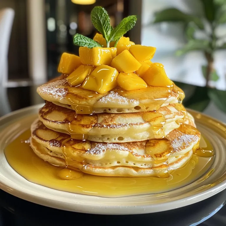 A Tropical Morning Escape Crafting Fluffy Mango Pancakes A side view of fluffy mango pancakes topped with diced mango and whipped cream.