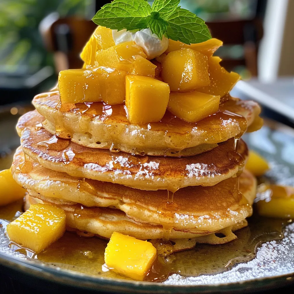 Close-up shot of fluffy mango pancakes with a drizzle of maple syrup and fresh mint.