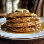 Close-up side view of fluffy protein pancakes with a golden-brown top.