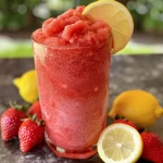 A close-up side view of a vibrant frozen strawberry lemonade slush in a clear glass with garnish.