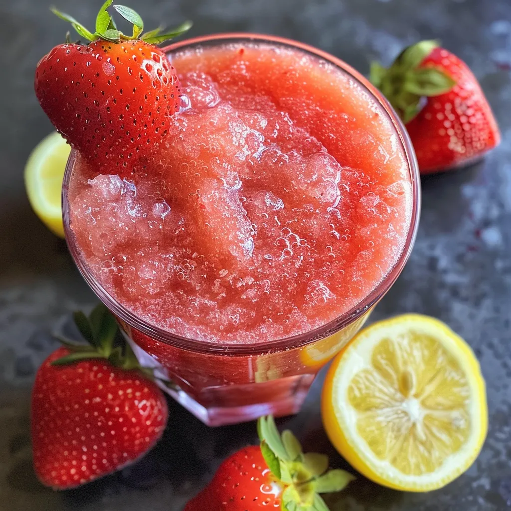 A refreshing frozen strawberry lemonade slush with fresh strawberries and lemon slices, captured in detail.