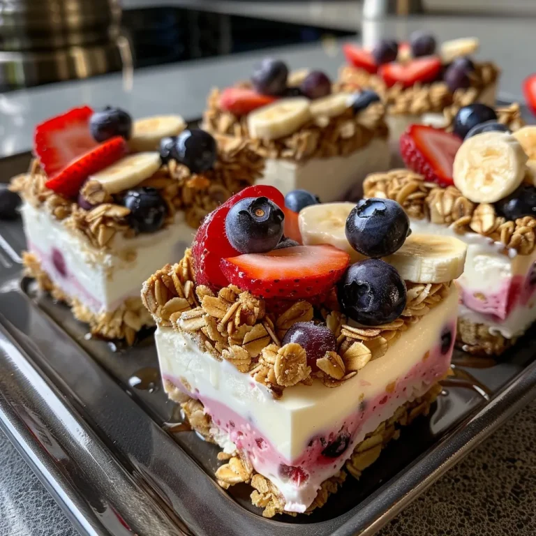Exploring Flavorful Journeys Frozen Yogurt Bites That Captivate the Senses Close-up of frozen yogurt bites topped with granola and fresh fruit in a muffin pan.