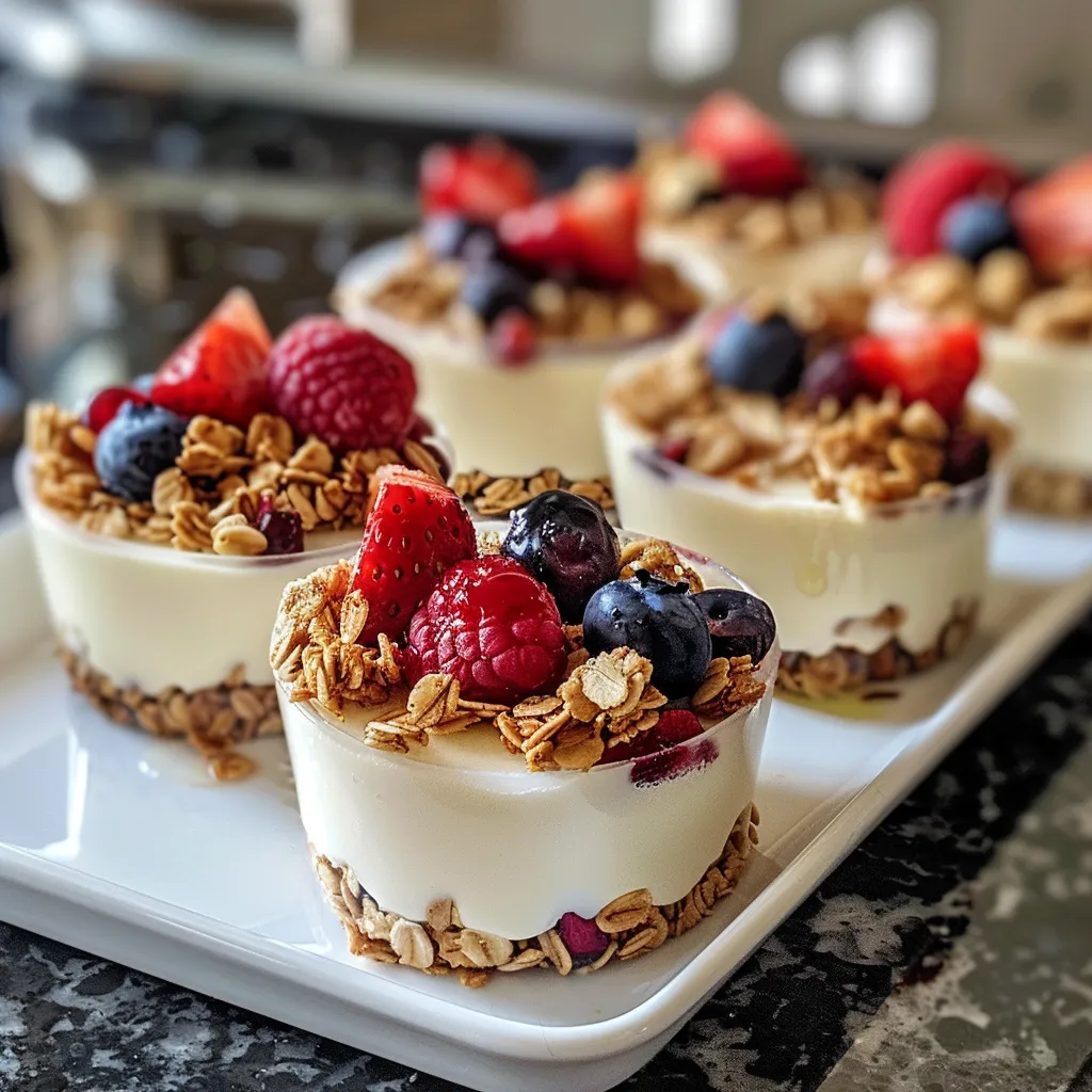 Juicy frozen yogurt bites with a side view showcasing granola and blueberries.