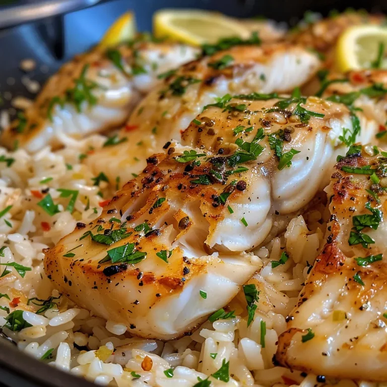 A Journey to Flavor The Garlic Butter Fish Rice That Transports Me to Coastal Shores A close-up of juicy garlic butter fish on a bed of rice, garnished with parsley.