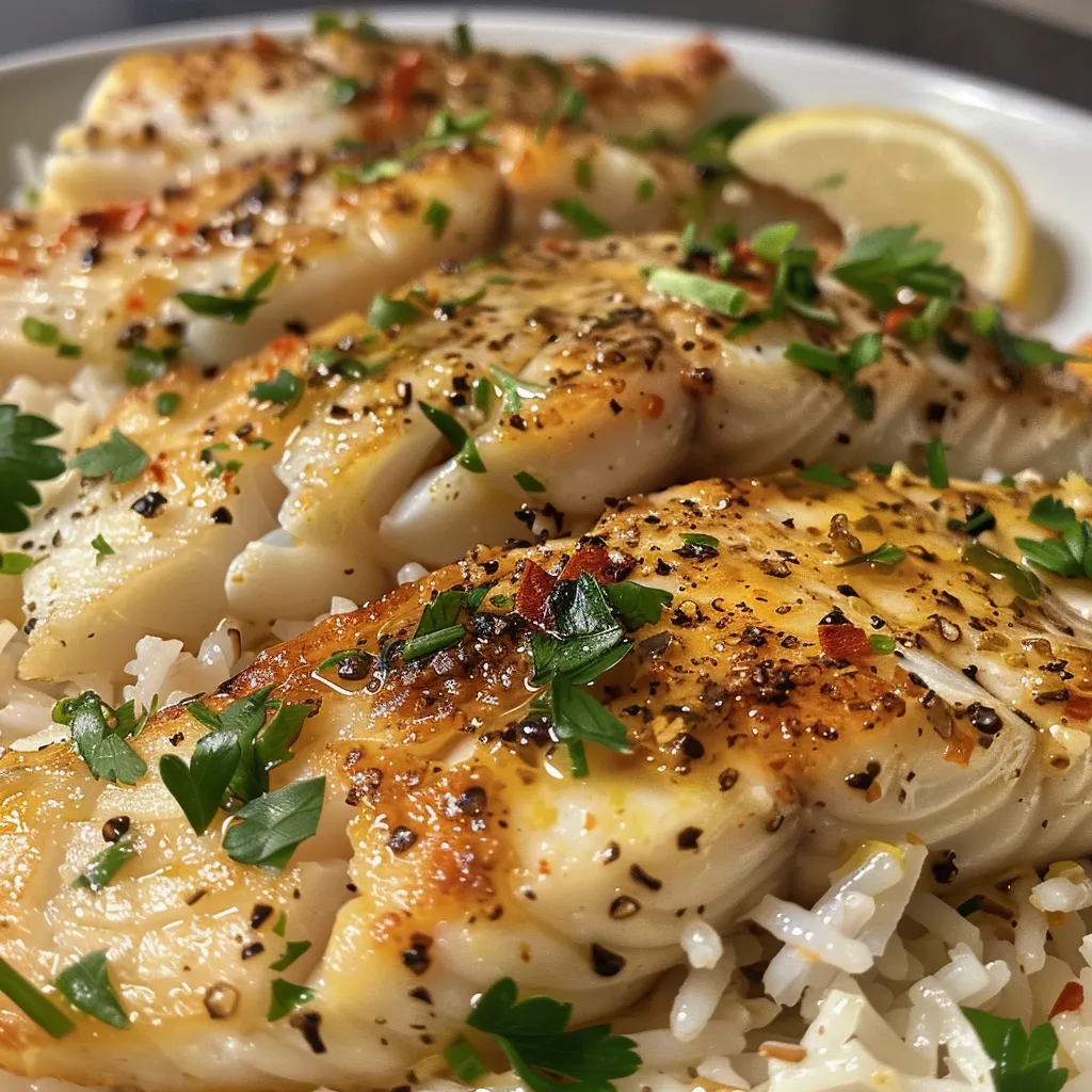 Flaky fish fillets drizzled with garlic butter, served with rice in a vibrant presentation.