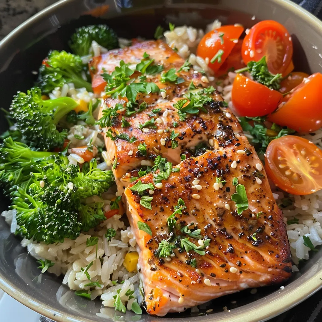 Side view of a seafood bowl with juicy salmon, steamed broccoli, and colorful cherry tomatoes on a bed of rice.