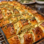Close-up view of a golden-brown Garlic Herb Pull-Apart Bread with visible garlic chunks and herbs.