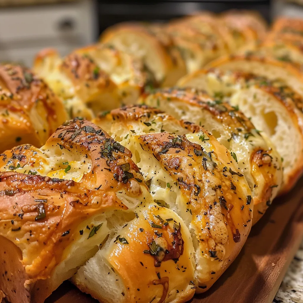 Side view of a fluffy Garlic Herb Pull-Apart Bread showcasing its pull-apart texture and buttery exterior.