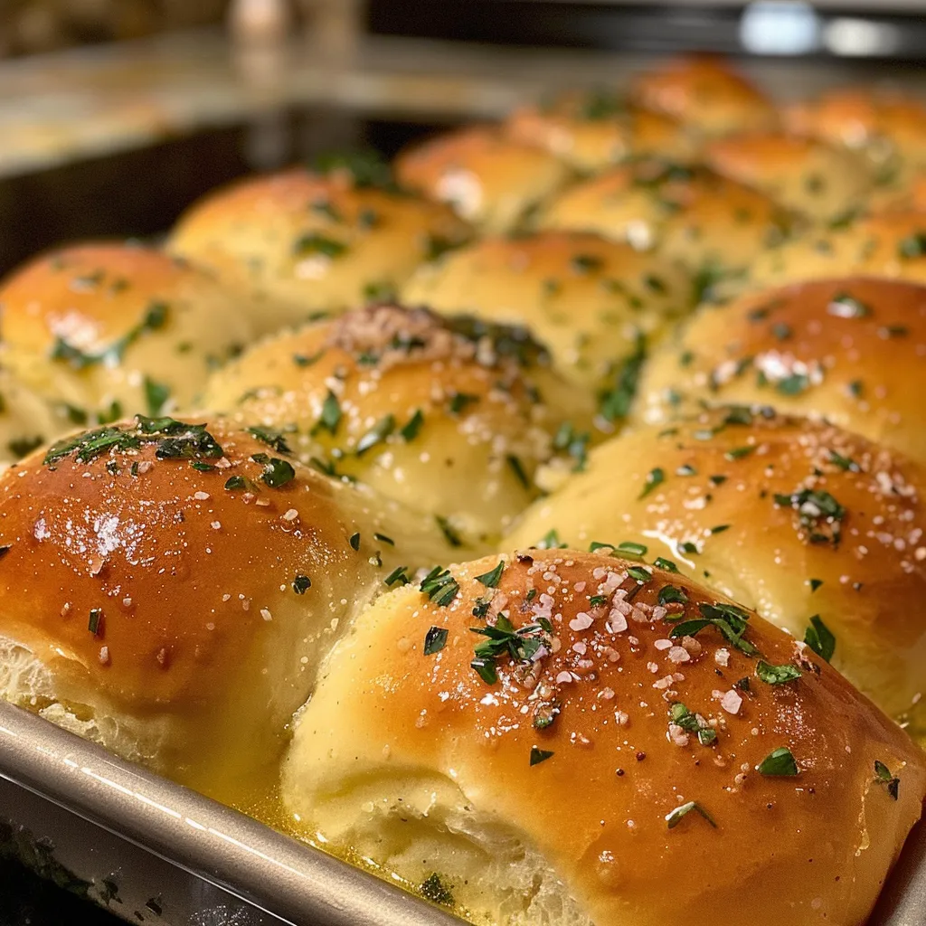 Close-up of golden-brown garlic herb pull-apart dinner rolls, glistening with brown butter.
