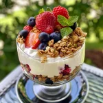 Close-up view of a Greek yogurt parfait layered with fresh berries and granola.