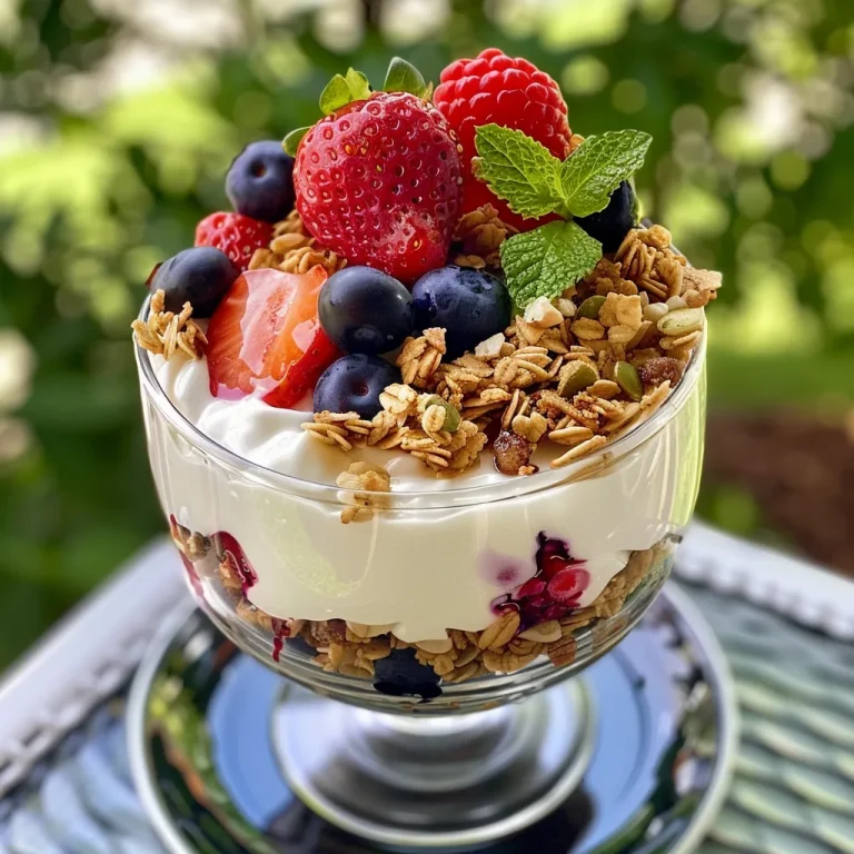A Berry Bliss Adventure Greek Yogurt Parfaits That Brighten Your Morning Close-up view of a Greek yogurt parfait layered with fresh berries and granola.