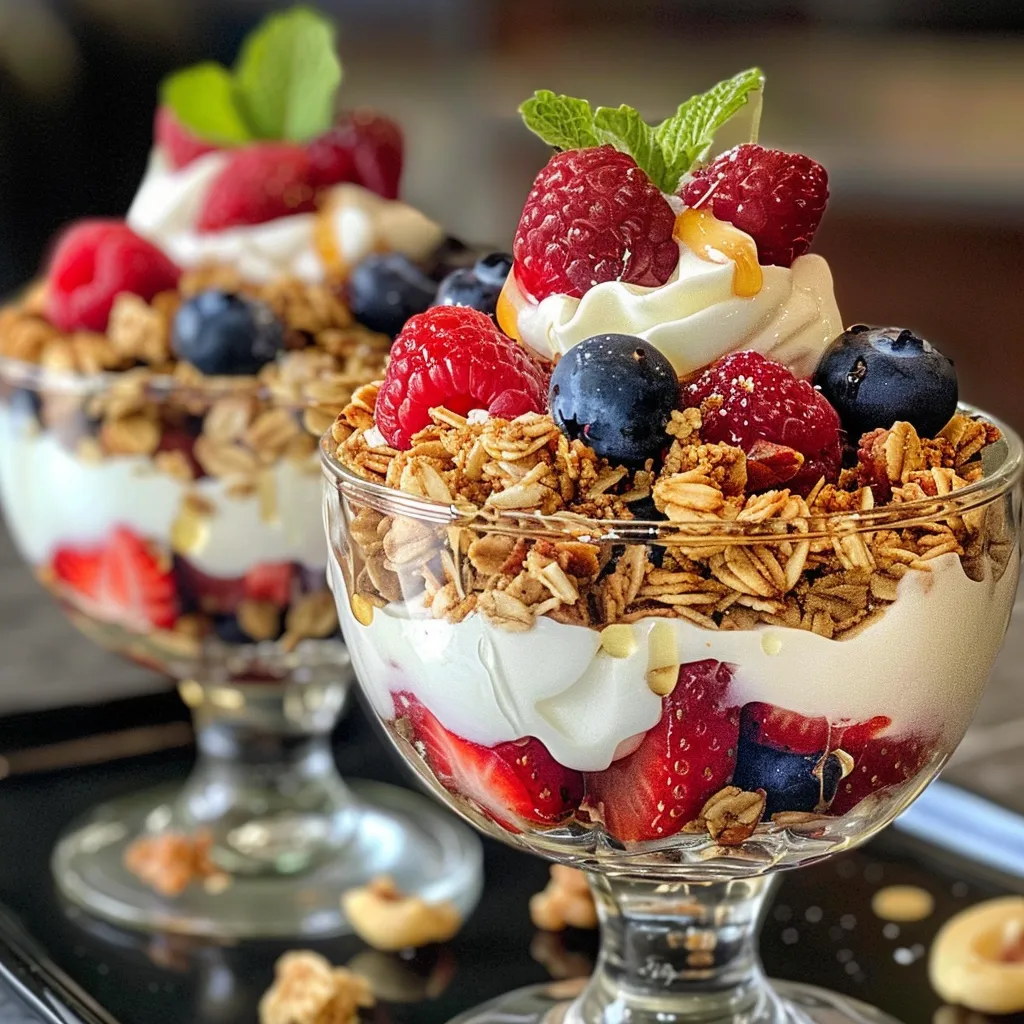 A side perspective of a delicious Greek yogurt berry parfait featuring vibrant strawberries and blueberries.