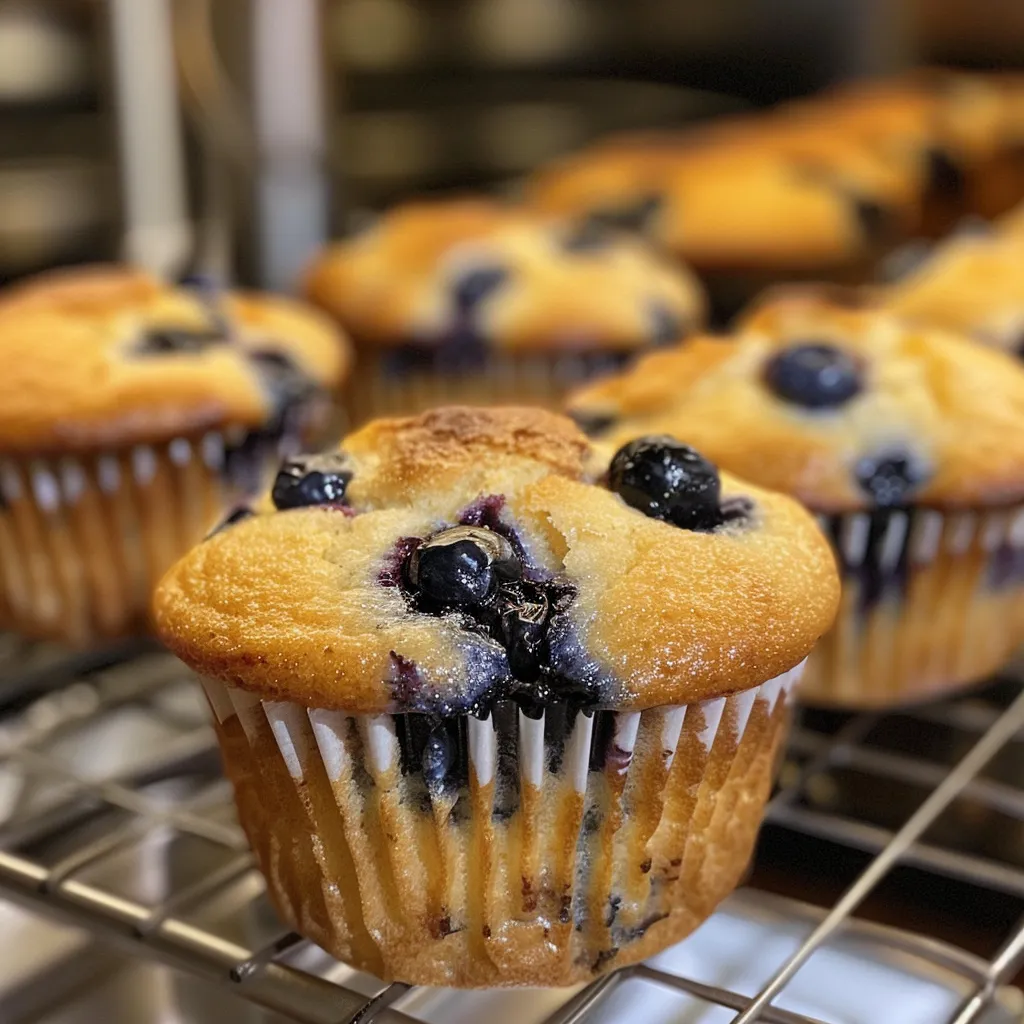 Side view of Greek yogurt blueberry muffins, showcasing blueberries on top.