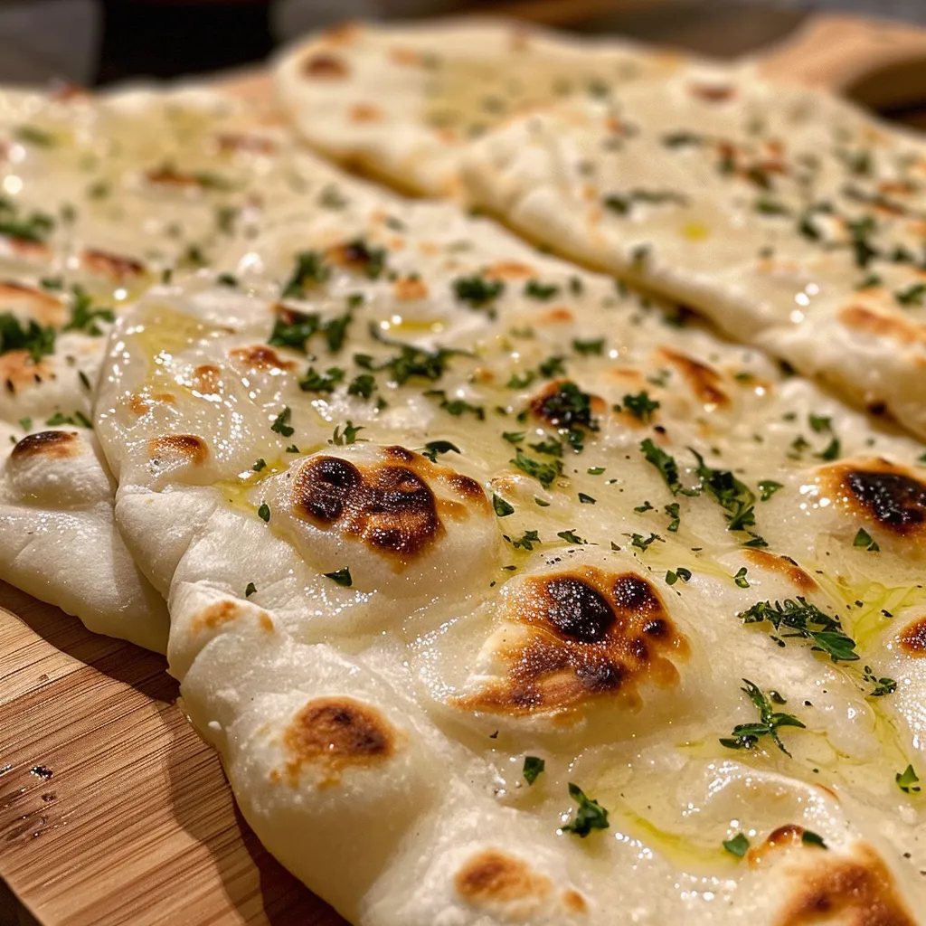 Side view of freshly baked Greek yogurt flatbread with a fluffy texture.