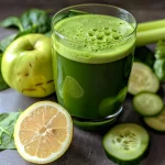 A close-up of a glass filled with vibrant green juice, showcasing fresh apple slices and leafy spinach.