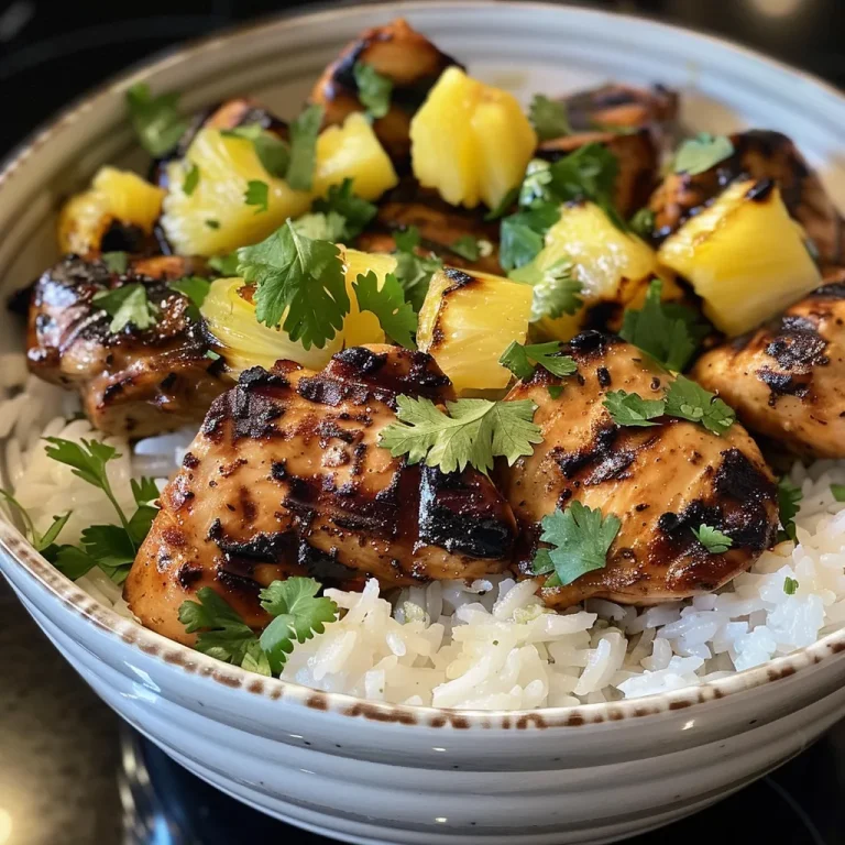 Tropical Escapade Savoring Grilled Chicken and Pineapple Bowls with Coconut Rice Grilled chicken and pineapple served in a bowl with coconut rice.