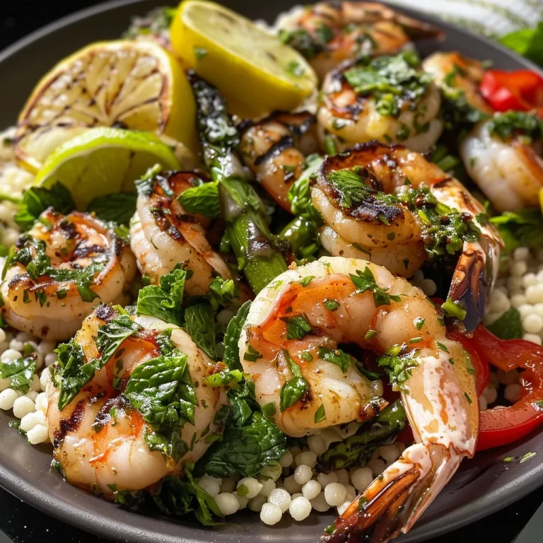 A Culinary Voyage Grilled Chimichurri Shrimp and Couscous Salad Inspired by Faraway Shores Close-up of grilled shrimp on a bed of couscous salad with vegetables.