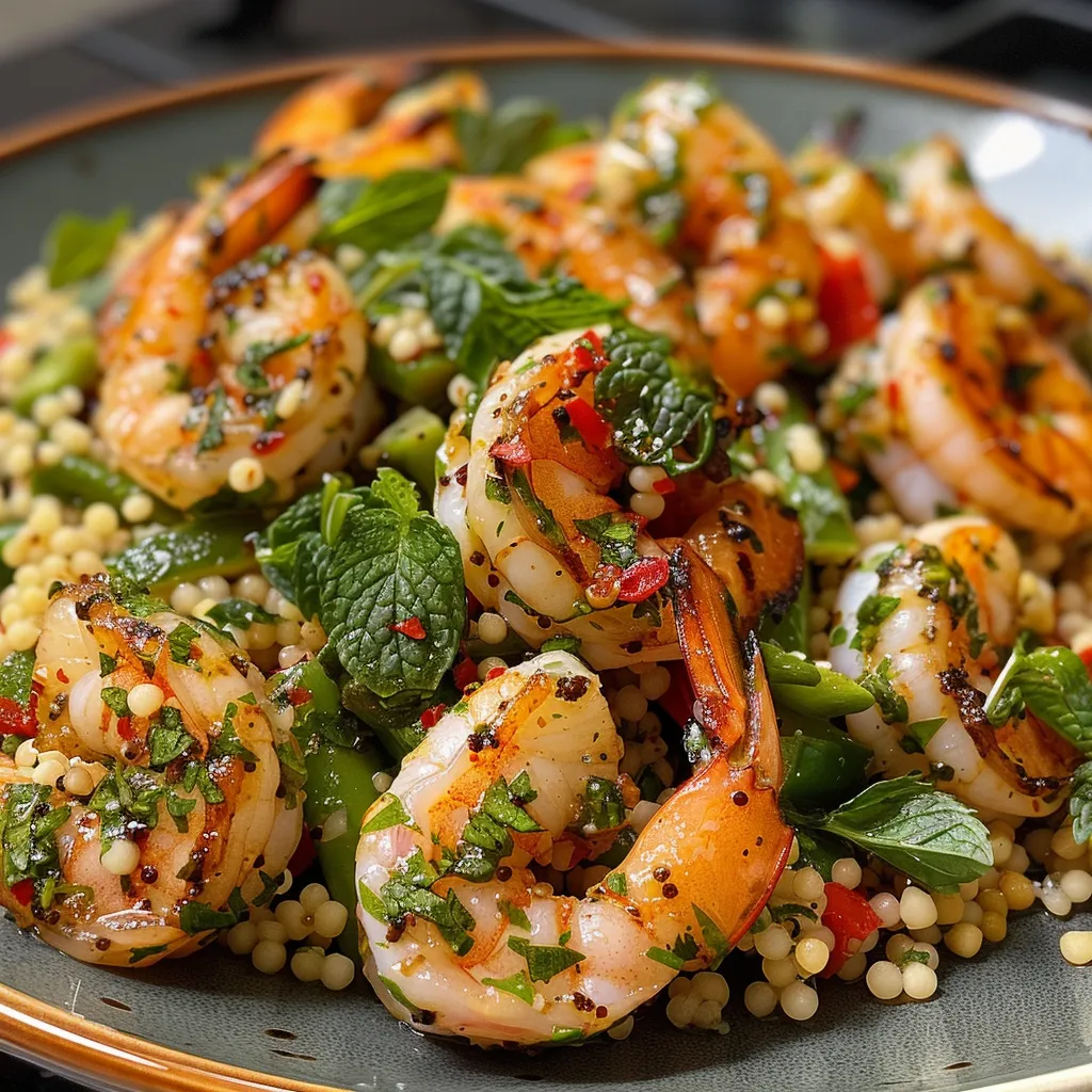 Plate featuring juicy chimichurri shrimp alongside colorful couscous salad.