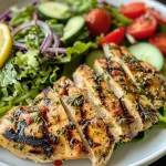 A close-up of grilled lemon herb chicken salad with vibrant greens and colorful cherry tomatoes.