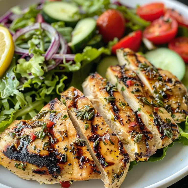 A close-up of grilled lemon herb chicken salad with vibrant greens and colorful cherry tomatoes.
