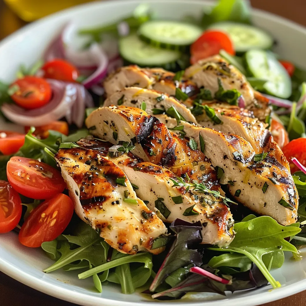 Juicy grilled chicken atop a bed of mixed salad greens, garnished with slices of cucumber and red onion.