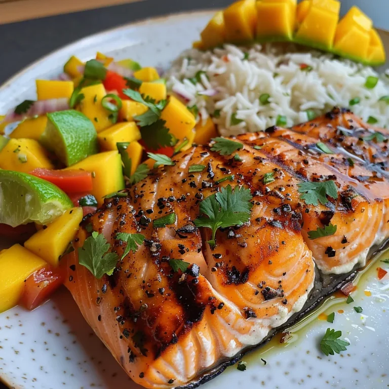 Tropical Tastes A Journey to the Heart of Flavor with Grilled Salmon and Mango Salsa A close-up view of grilled salmon topped with vibrant mango salsa alongside fluffy coconut rice.