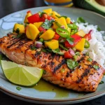 Close-up of grilled salmon fillet topped with vibrant mango salsa.