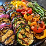 A colorful grilled veggie platter featuring zucchini, bell peppers, red onion, and mushrooms.