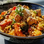Close-up of a Hähnchen-Couscous bowl featuring grilled chicken, vibrant vegetables, and tzatziki sauce.