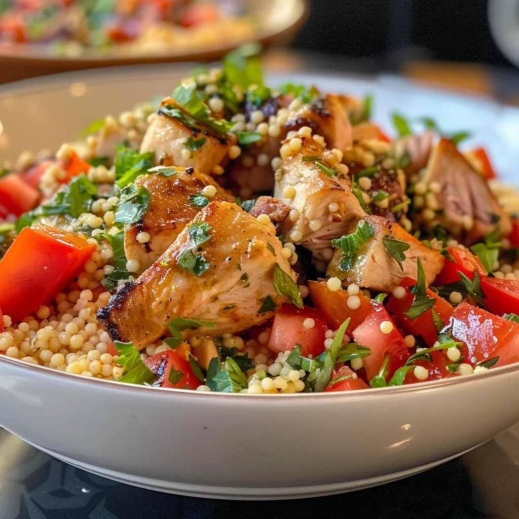 Side view of a colorful Hähnchen-Couscous bowl with juicy chicken, couscous, and a fresh tzatziki dip.