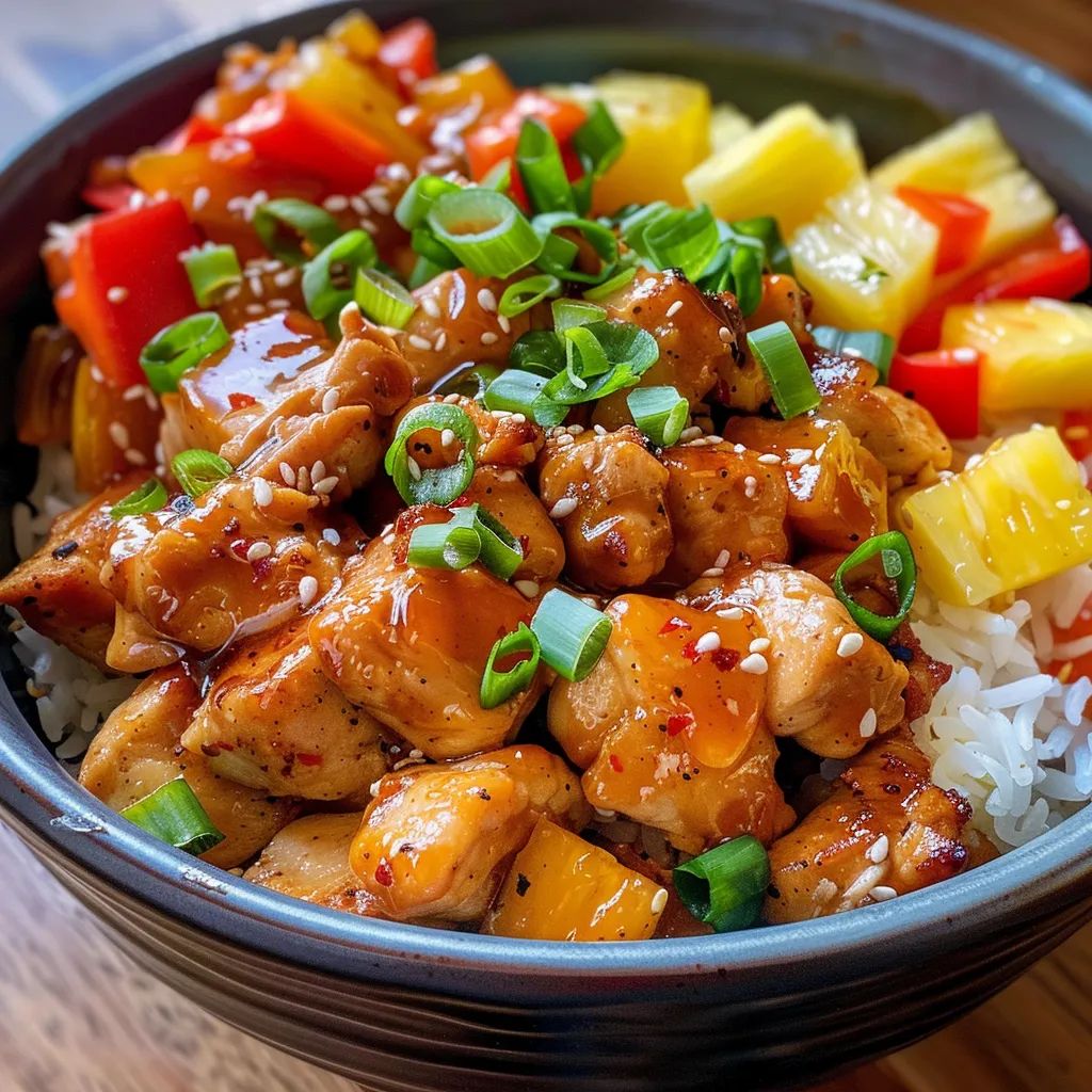 Side view of a Hawaiian Chicken Bowl showcasing juicy chicken and vibrant vegetables.