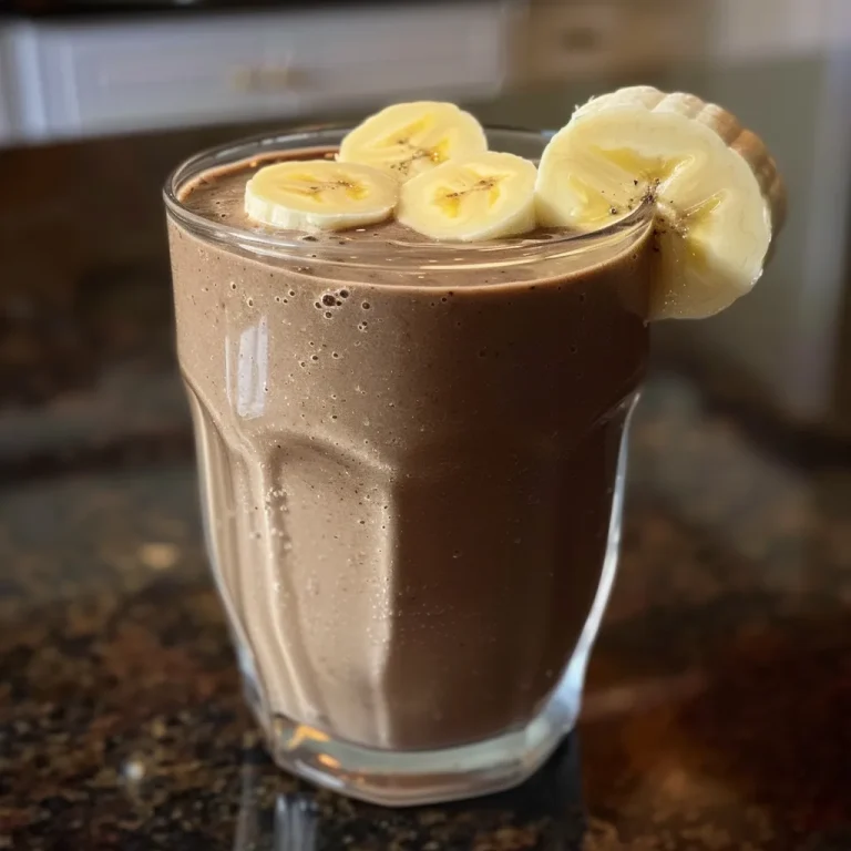 Sipping on Adventure The Healthy Chocolate Banana Smoothie That Fuels Your Journey Close-up of a thick chocolate banana protein smoothie with a creamy texture.
