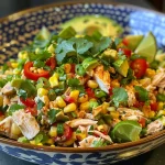 A close-up view of a colorful chicken salad featuring corn, avocado, and bell peppers.