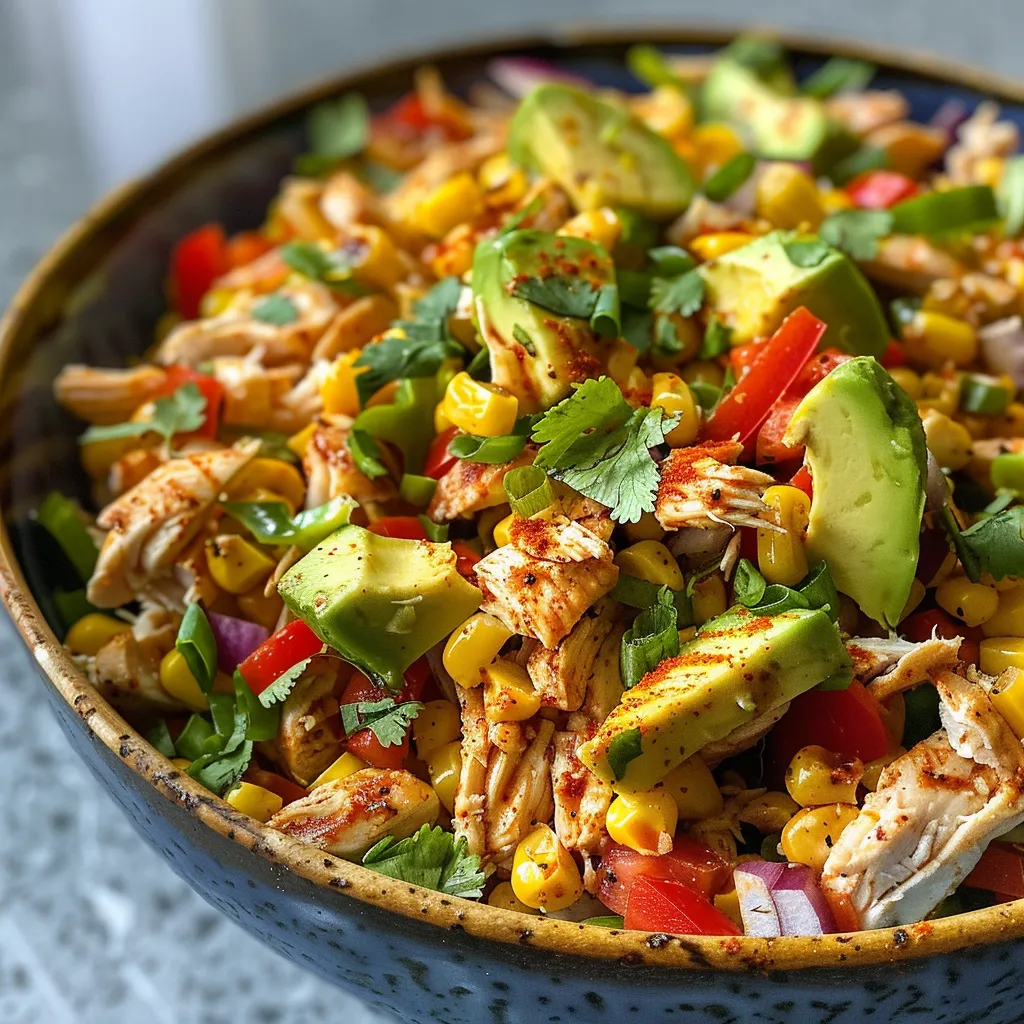 A vibrant chicken salad with grilled corn and fresh vegetables in a bowl.